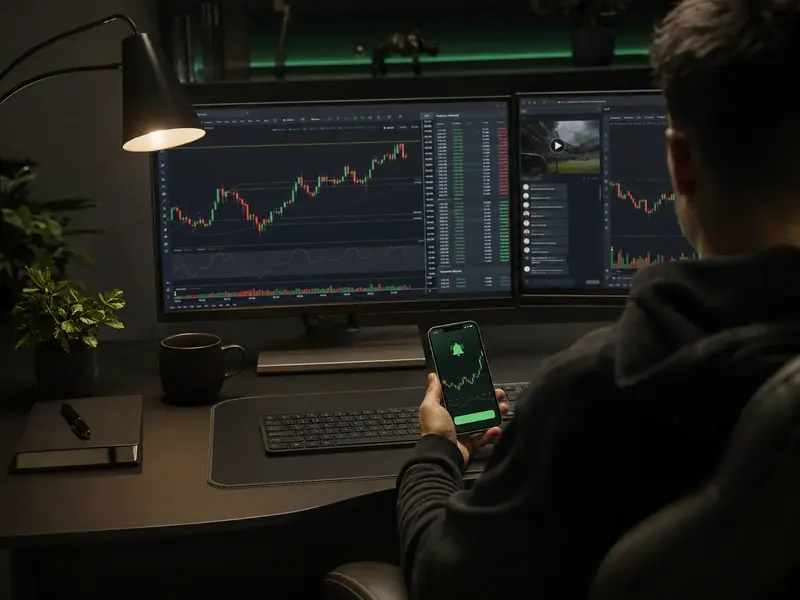 Trader siguiendo un análisis de mercado en varios monitores dentro de la comunidad privada de Real Trading Club