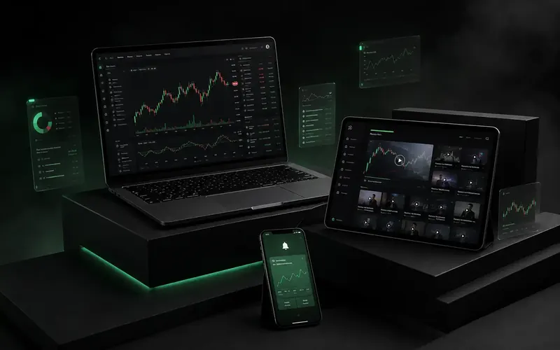 Ecosistema de Real Trading Club: curso de trading, indicador RTC Strategy y comunidad en portátil, tablet y móvil